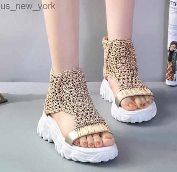 Sandalen Frauen Geflochtene Geometrische Keil Sandalen Gestrickte Elastische Sommer Schuhe Mesh Flache Sandalen Hohle Weibliche Plattform Schuhe L230518