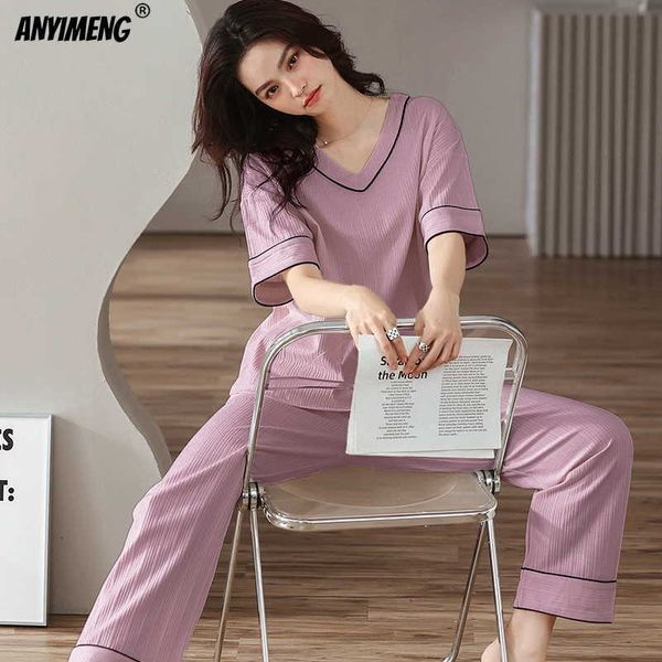 Pijama sexy com decote em V rosa moda ternos de algodão conjunto feminino roupas de casa manga curta calças compridas roupas de dormir casuais pijama adolescente agradável meninas j230601