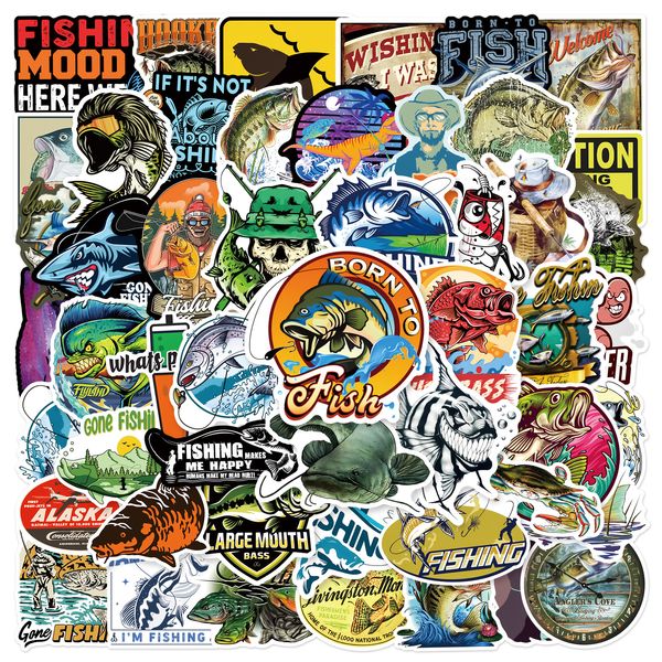 Confezione da 50 adesivi per la pesca all'aperto, adesivi in vinile impermeabili, non casuali, per auto, bici, bagagli, laptop, skateboard, scrapbook, bottiglia d'acqua