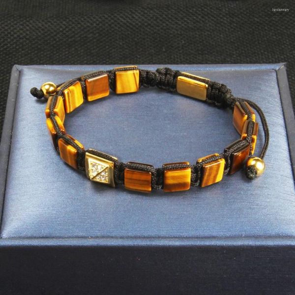 Strang Ailatu verstellbare Armbänder, die Schmuck pflücken, Geschenk, natürliche Tigerauge-Steinperlen, quadratische Kubikzirkonia-Pyramide, Makramee