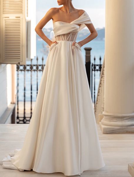 Elegante abito da sposa a trapezio 2023 monospalla in raso trasparente lungo da sposa abiti da festa abiti da sposa spiaggia vestido de noiva