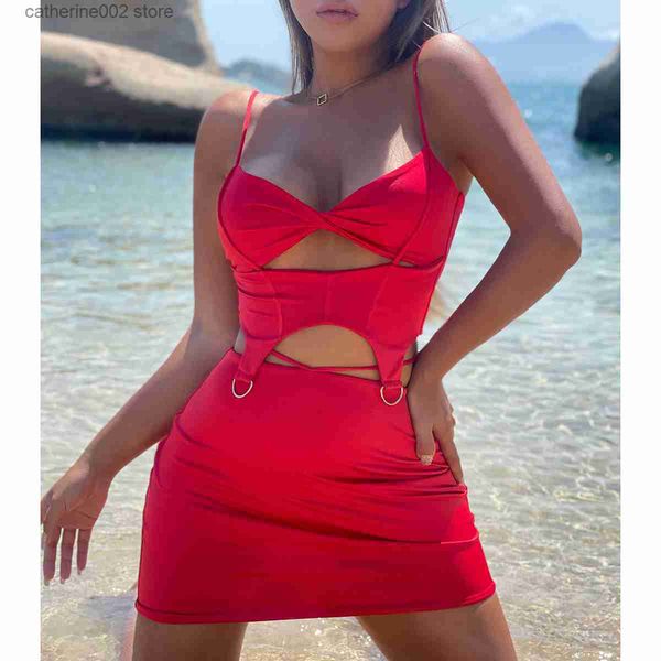 Abiti da festa Sexy Spaghetti Strap Ruffle Short Club Dress per le donne 2022 Summer Red Bodycon Dress Evening Party Stretto Mini abiti Clubwear T230602