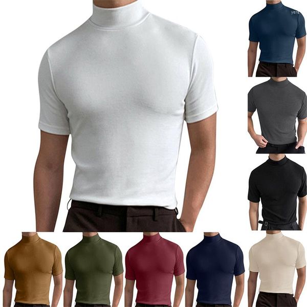T-shirt da uomo 2023 Summer Trend Spring Uomo Mezza collo alto Manica corta Camicia corpo sottile Tinta unita Casual Stile semplice