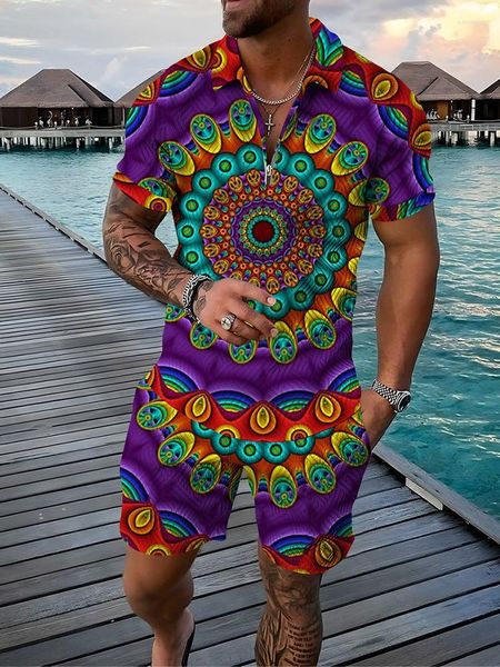 Agasalhos Masculinos Conjunto de Camisa Pólo Vintage Verão Conjunto Moda Agasalho Masculino Gola Trun Down Outfit Casual Estilo Étnico Boêmio 2 Peças