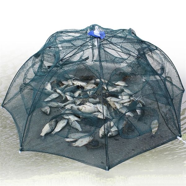 Acessórios de pesca guarda-chuva dobrável automático portátil tipo rede de pesca gaiola para camarão caranguejo armadilha para peixes rede fundida 6/8/10/16/20 furos 230601