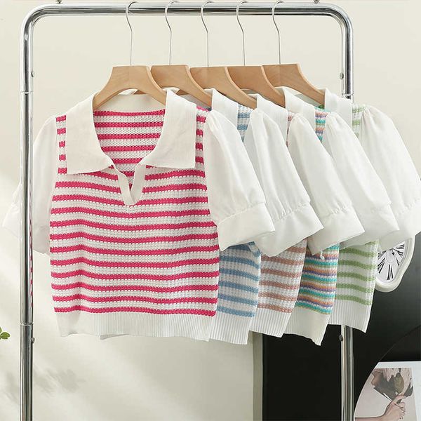 T-Shirt Summer Striped Cropped T-Shirt T-Shirt Frauen Polo Neck Kurzschlärm Puff T-Shirt Slim Girl geschnitten Top P230602