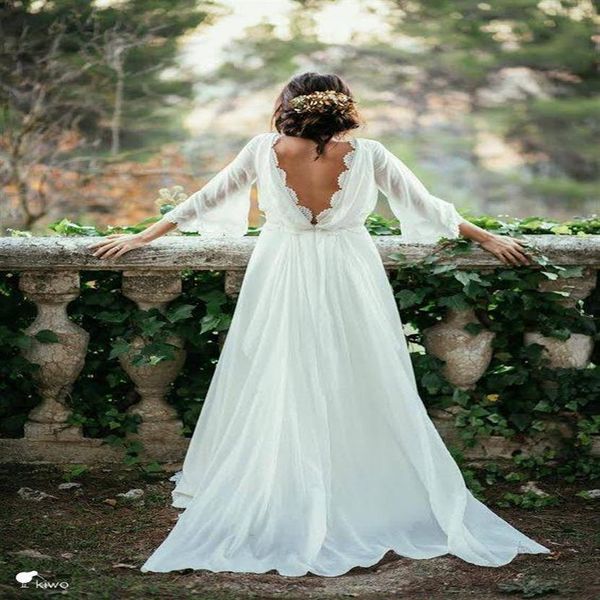 Abiti da sposa bohémien senza schienale a maniche lunghe in pizzo avorio 3/4 2020 Abiti da sposa da spiaggia in chiffon con scollo a barchetta estivo2532