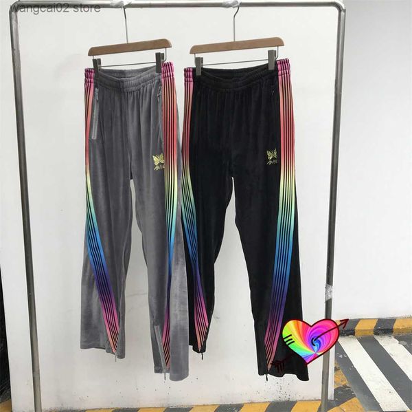 Männer Hosen Regenbogen Farbe Seite Streifen Nadeln Hosen Männer Frauen Gestickte Schmetterling AWGE Nadeln Track Hosen Samt Sport Hosen T230602