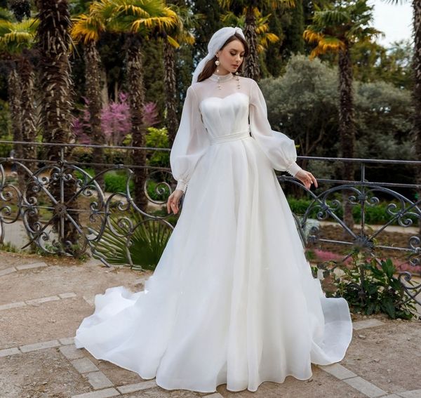 Vestido de Noiva Árabe Muçulmano Manga Longa A Linha Zíper nas Costas Vestidos De Noiva 2023 Princesa Plissada Organza Vestidos de Noiva