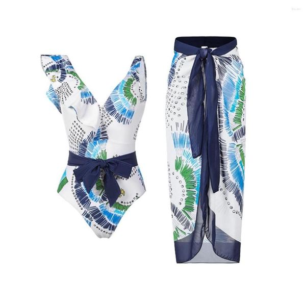 Costumi da bagno da donna Costume da bagno intero da donna a fiori spezzati in primavera con stampa blu Bikini a V profondo Coprispalle con volant Senza schienale Sexy