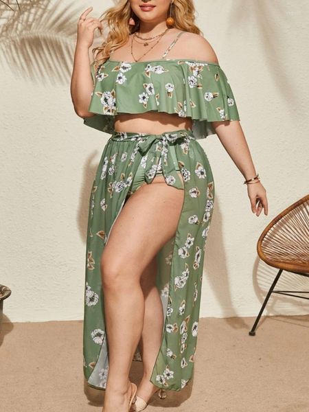 Costumi da bagno da donna Taglie forti Volant con spalle scoperte Bikini a vita alta Costume da bagno Gonna da spiaggia in rete Sarong Large 4XL Copricostumi da donna