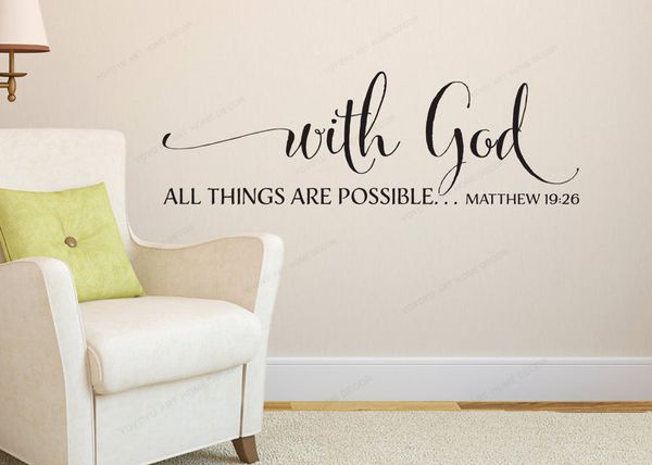 Mateus 19:26 Com Deus todas as coisas são possíveis Decalque de parede bíblico verso adesivo de parede vinil decoração de parede para casa JH570