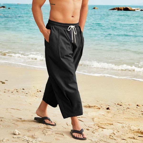 Calças masculinas HOUZHOU de linho de algodão para homens streetwear joggers verão caqui preto calças cortadas masculino solto causal praia respirável