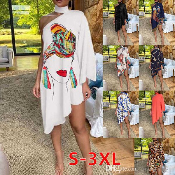 Vestidos de grife para mulher 2023 vestido de verão sexy babado estampado manga um ombro camisa saia plus size 3xl roupas