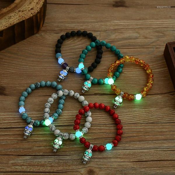 Strand 8mm Pedras Naturais Luminous Skull Pendant Bracelet Brilhando no Escuro Charme Para Mulheres Masculinas Moda Fluorescência Jóias