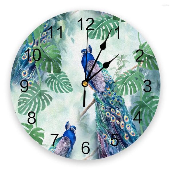 Relógios de parede Animal Folha de Pavão Aquarela Design Moderno Relógio Pendurado Arte Criativa Decoração de Sala de Estar