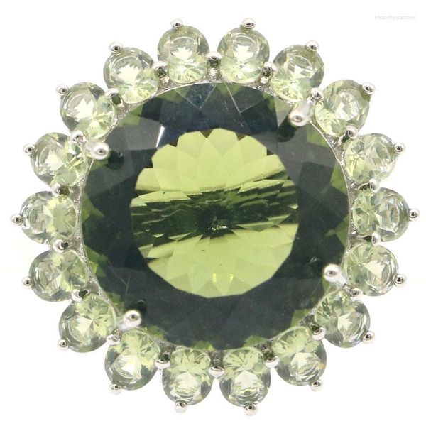 Cluster-Ringe, 30 x 30 mm, auffällige runde Form, 20 x 20 mm, grüner Amethyst, Braut, Hochzeit, Alltagskleidung, Silber