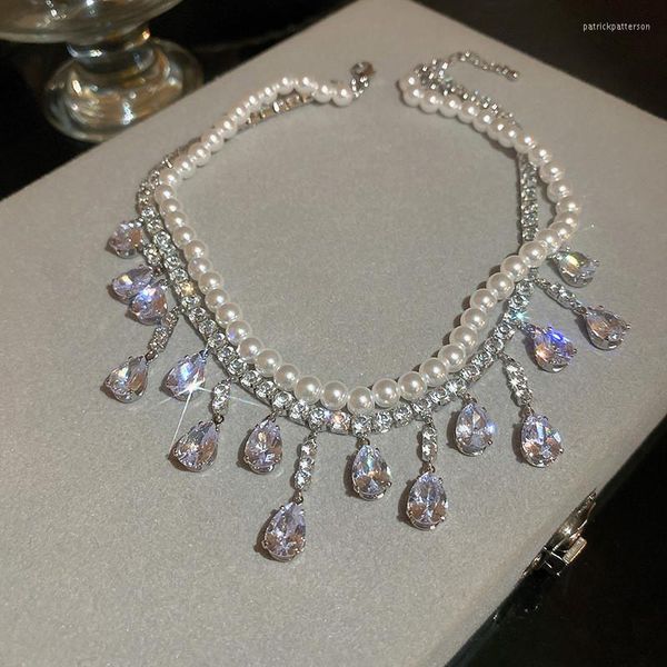Anhänger Halsketten Luxus Perlhökchen für Frauen Quasten Wasser Drop Zirkon Kristall Hochzeit Bankett Schmuck Großhandel Großhandel