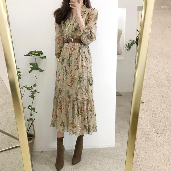 Vestidos casuais vintage plissado decote em v manga longa chiffon floral maxi para roupas femininas elegante vestido midi moda coreana verão 2023