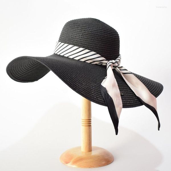 Breite Krempe Hüte 2023 14m Sonne für Womem Trendy Uv 50 Travel Beach Black Floppy Straw Wedding Hat