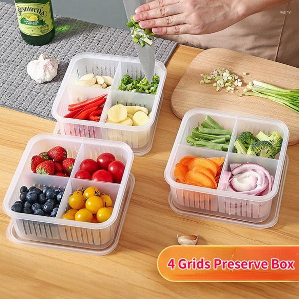 Aufbewahrungsflaschen, 4-in-1-Design, Abtropfbox, geteilt, Frischhaltung, für mit weichem Deckel, für Gewürze, unterverpackte Boxen, Obst und Gemüse