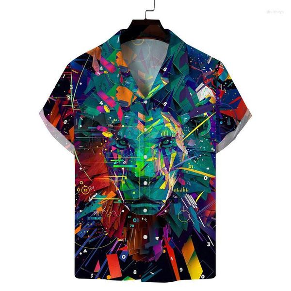 Мужские повседневные рубашки цветные животные животные Lion 3d гавайская рубашка мужская одежда свободная мужская летняя улица с коротким рукавом