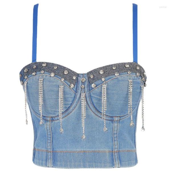 Regata feminina Denim acolchoado Fichário Sutiã Sling Sutiã Externo Espartilhos femininos Top Borlas Strass Clássico Estilo de moda