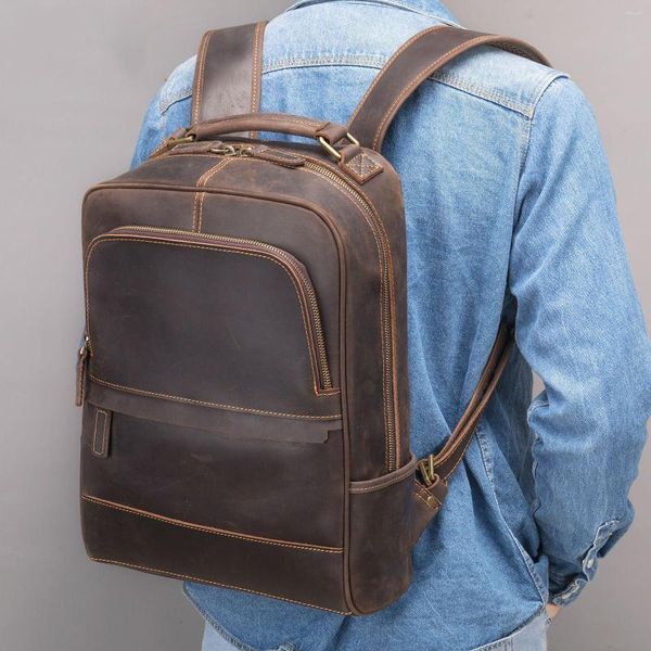 Mochila de couro Vintage Bagpacks para homens Bolsa de viagem masculina Crazy Horse A4 escolar 14 polegadas