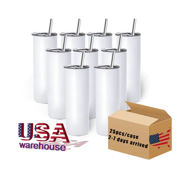 USA CA Consegna in 2 giorni 20 once sublimazione bianca bottiglie d'acqua in acciaio inox sottili bicchieri a sublimazione dritti con cannuccia