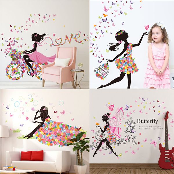 Fofo Moda Fada Borboleta Fada Menina Sala de Estar Quarto Tv Fundo Pintura Decorativa PVC Verde Adesivos de Parede Papel de Parede