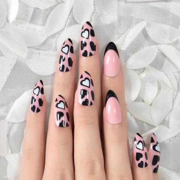 Künstliche Nägel EchiQ Medium Stiletto Hearted Black Press On Pink French Style Nail Tips Date Valentines Fake 24 Stk