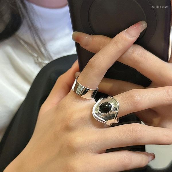 Cluster Rings S925 S925 Silver Sterling Oval Black Onyx Wide Face Ring Coreano Simples Design Little Red Book Blogger Same Style Wholesale