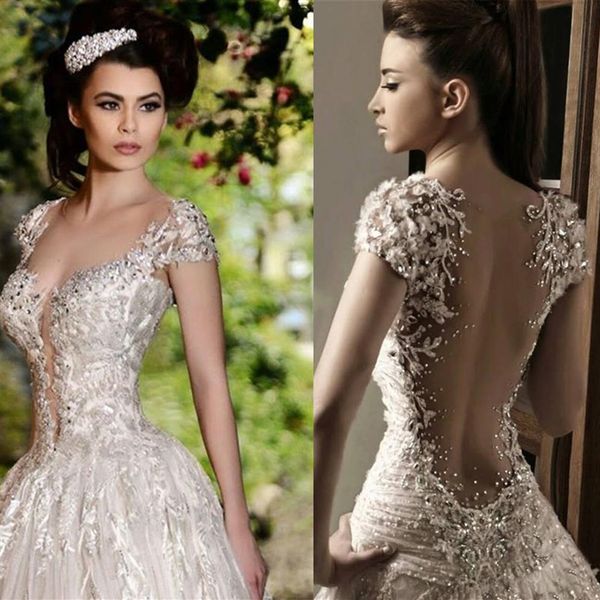 Rami Salamoun Glamorous Strass Applique in pizzo Perline Cristalli Fiori Abiti da sposa Maniche ad aletta Lunghezza pavimento Abiti da sposa di lusso Go262H