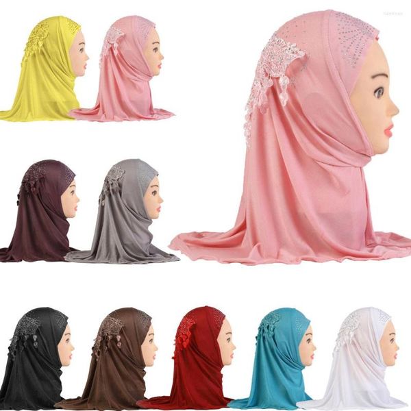 Abbigliamento etnico Misura 2-6 anni Piccola ragazza Bambini Hijab Cappelli con pizzo Nappa Diamanti Sciarpa musulmana Foulard islamico Cappello Amira Pull On