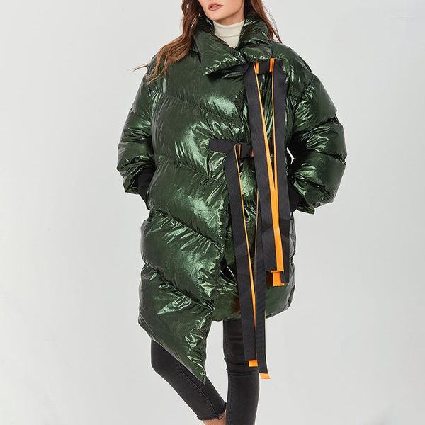 Gabardinas Femininas Moda Thincken Long Overcoat Feminino Design Irregularidade Renda Decoração Verde Preto Jaqueta Vestuário de Inverno 2023