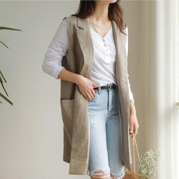 Damenwesten Frauen Herbst Frühling Ärmellose Blazer Weste Leinen Langer Mantel M-2XL Einreiher Lose Einfache Weste Jacke Weiß 2023