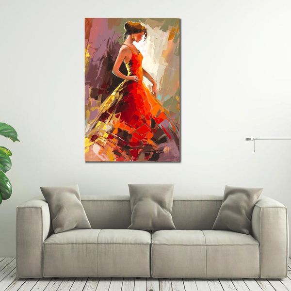 Canvas Art of Dance Beauty Rosso Dipinti ad olio figurativi squisiti Opere d'arte strutturate per l'arredamento di case contemporanee