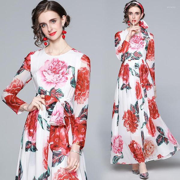 Lässige Kleider Sommer Herbst Runway Damen Langarm Maxi Blumendruck Kleid Chiffon Rote Blume Weiß Böhmische Bodenlänge