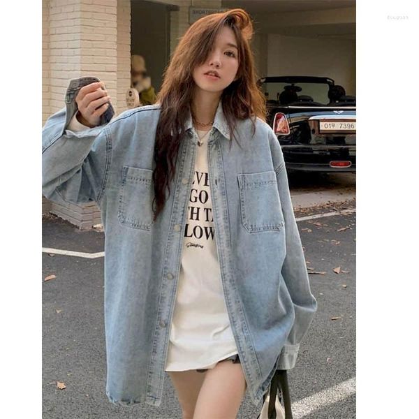 Blusas Femininas Camisas Denim E Mulheres Manga Comprida Casual Streetwear Tops Camisa Coreana Casacos Azul Claro Solto Harajuku For