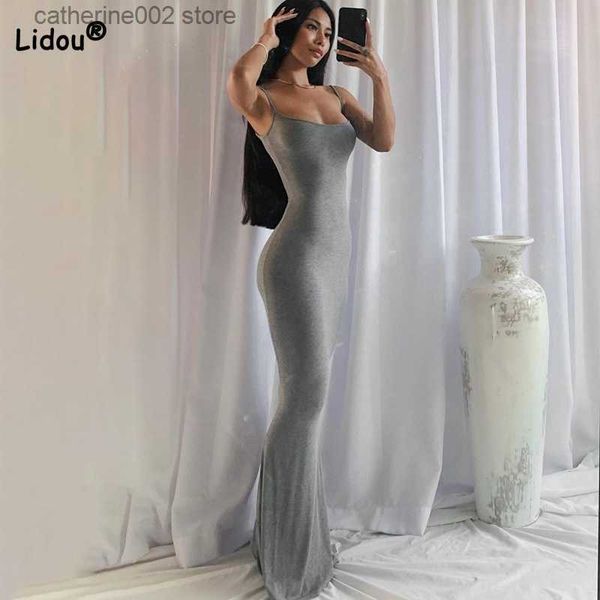 Abiti da festa Donna New Bretelle Gonna Kim Kardashian Style Solid Slim Casual Summer Open Back Senza maniche Maxi abito grigio Abbigliamento femminile T230602