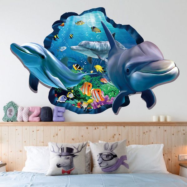 Underwater Fish Dolphin 3d Vivid Finestra Adesivi murali Adesivi murali fai da te Bagno Soggiorno Camera da letto Decorazione domestica Poster