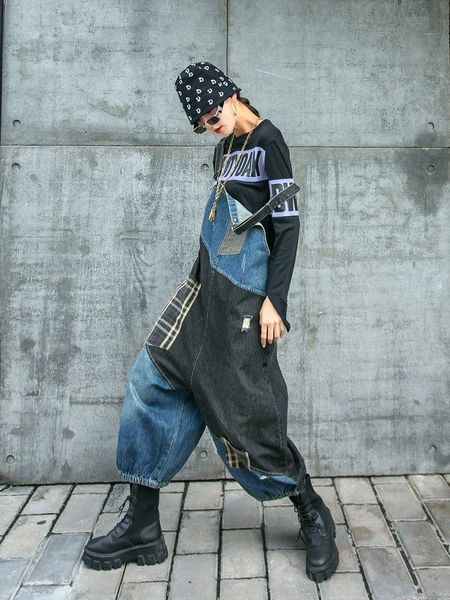 Jeans 2022 Koreanische Sommer Neue Frauen Plaid Zerrissene Denim Overalls Damen Streetwear Übergroßen Jeans Mädchen Punk Stil Knöchellangen Hosen