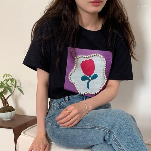 Moletom Feminino Korejepo Tulipa Flor Estampado T-shirt Feminino Primavera Verão 2023 Francês Vintage Top Coreano Chique Nomeação Minimalista Blusa