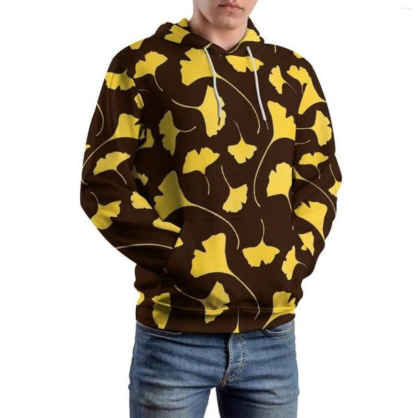 Felpe con cappuccio da uomo Giallo Ginkgo Biloba Foglie casual Stampa Street Wear Pullover Felpa con cappuccio Coppia manica lunga Abbigliamento moderno Idea regalo