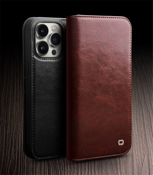 Qialino gerçek deri flip cüzdan kılıfı iPhone 14 13 Pro Max El Yapımı Kart Yuvası Kapağı