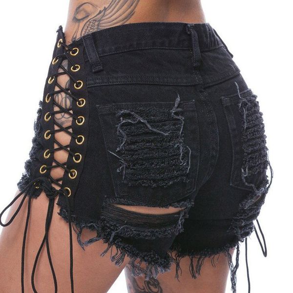 Damen Shorts NORMOV Denim Jeans Frauen Sexy Ripped Hole Solid Black Lace Up Casual Pocket Sommer 230601