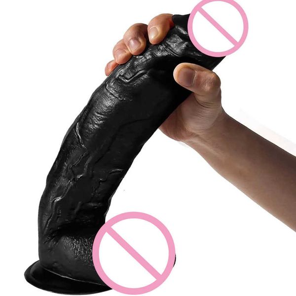 Massaggiatore giocattolo sessuale Massaggiatore giocattolo 11 pollici Enorme vibratore realistico Pene in silicone Dong con ventosa Sensazione sulla pelle per donne Masturbazione Giocattoli anali Adulti