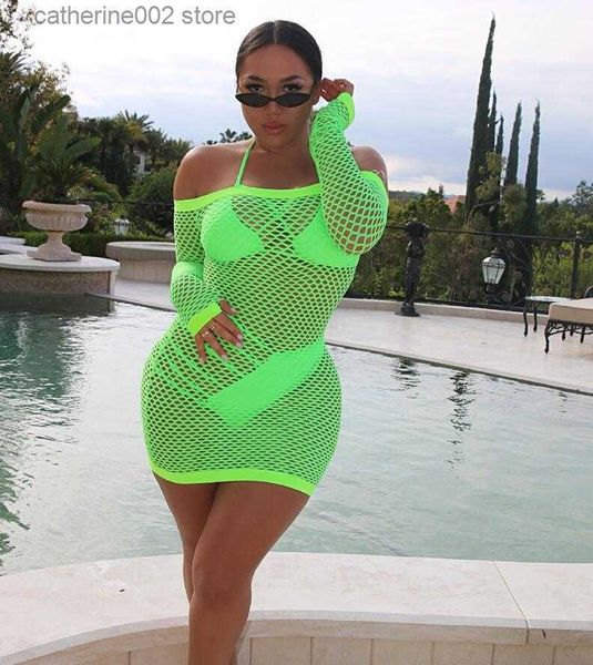 Vestidos de Festa Sexy Neon Green Summer Beach Dress Feminino Off the Shoulder Manga Longa Bodycon Dress Mesh Oco Out Clubwear Mini Dress Vestidos T230602