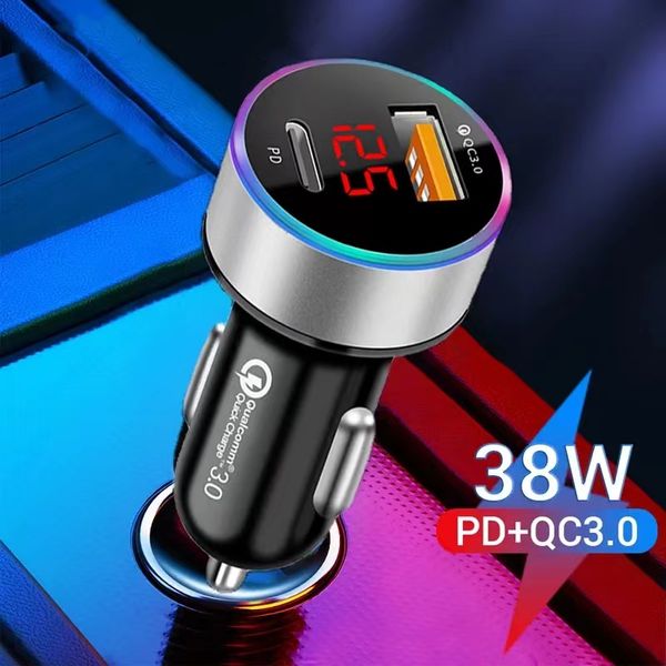 38W PD USB Car Charger LED Display 6A Quick Charge 3.0 QC3.0 Carregamento rápido USB tipo C Carregadores de telefone para iPhone Samsung Huawei Xiaomi