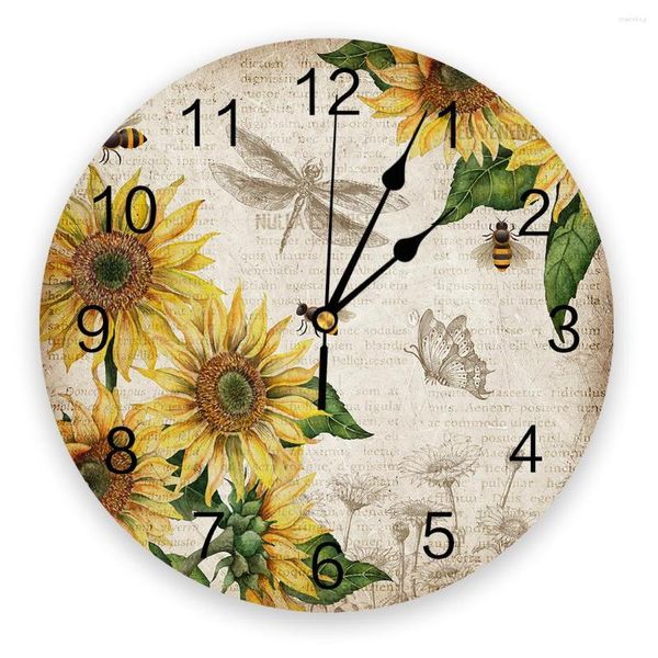 Wanduhren Vintage alte Papier Sonnenblume Libelle Schmetterling Uhr modernes Design hängende Uhr für Heimdekoration Wohnzimmer